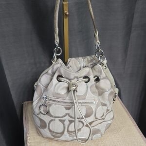 Coach Poppy Signature Drawstring Hobo in Beige
